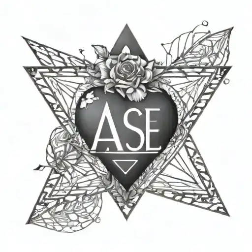 realistic heart inside triangle with the capital letters ASE, one in each corner tattoo design idea