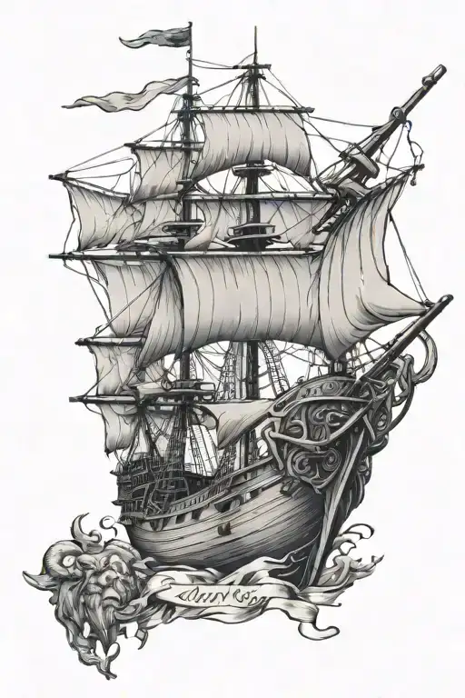 galleon warship with a bison figurehead at the bow tattoo design idea