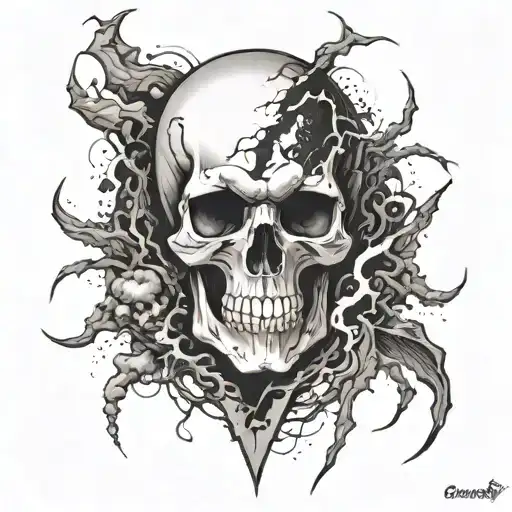 Combine a skull with thunder and lightning bolts in a dramatic and dynamic composition tattoo design idea