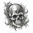 Combine a skull with thunder and lightning bolts in a dramatic and dynamic composition tattoo design idea