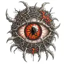 Satanic Realistic Eye, cracked and bleeding. dark black blood red. Bleeding Thorns black spider web and Silver Horns tattoo design idea