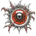 Satanic Realistic Eye, cracked and bleeding. dark black blood red. Bleeding Thorns black spider web and Silver Horns tattoo design idea