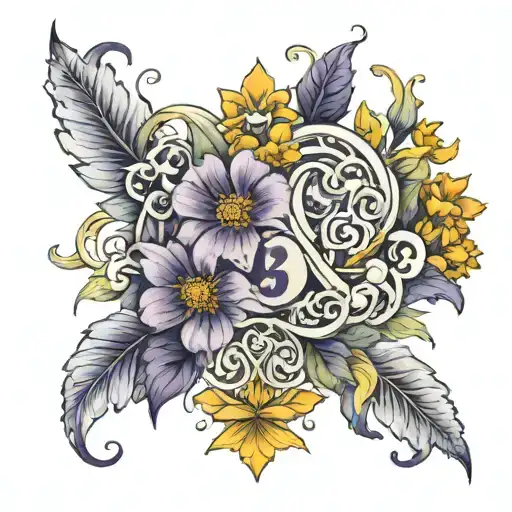 1/17/23 roman numerals above narcissius, marigold, and violet flower  tattoo design idea