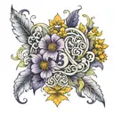 1/17/23 roman numerals above narcissius, marigold, and violet flower  tattoo design idea