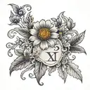 1/17/23 roman numerals above narcissius, marigold, and violet flower  tattoo design idea