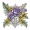 1/17/23 roman numerals above narcissius, marigold, and violet flower  tattoo design idea
