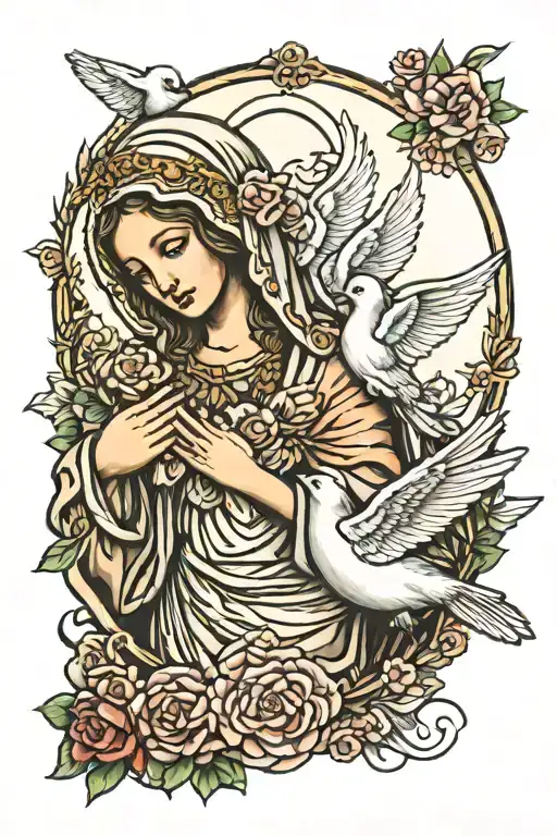 virgin mary 2 doves tattoo design idea