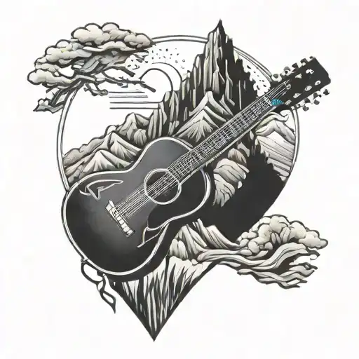 A tattoo design combining a mountain range and a guitar, symbolizing the client's love for playing guitar and the mountains they enjoy visiting in Virginia and North Carolina tattoo design idea