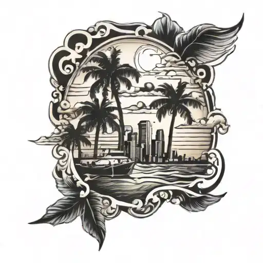 Combine a beach sunset with a Miami skyline in a tattoo inspired by metal album cover art tattoo design idea