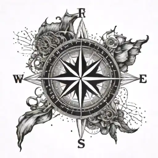 A compass rose with coordinates leading to Bretagne surrounded by maritime elements tattoo design idea