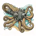 A traditional tattoo of a cybernetic octopus shooting ink like a gun, with a backdrop of a sandy beach and crashing waves tattoo design idea