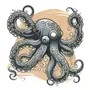 A traditional tattoo of a cybernetic octopus shooting ink like a gun, with a backdrop of a sandy beach and crashing waves tattoo design idea