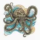 A traditional tattoo of a cybernetic octopus shooting ink like a gun, with a backdrop of a sandy beach and crashing waves tattoo design idea