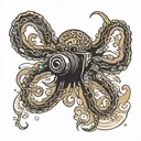 A traditional tattoo of a cybernetic octopus shooting ink like a gun, with a backdrop of a sandy beach and crashing waves tattoo design idea