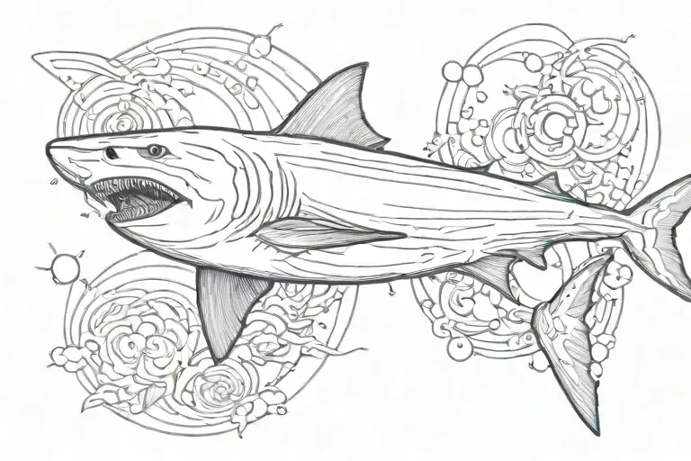 bull shark swimming around the sun tattoo design idea
