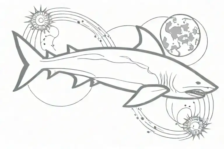bull shark swimming around the sun tattoo design idea