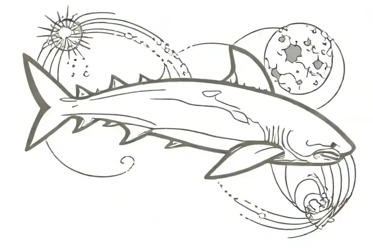 bull shark swimming around the sun tattoo design idea
