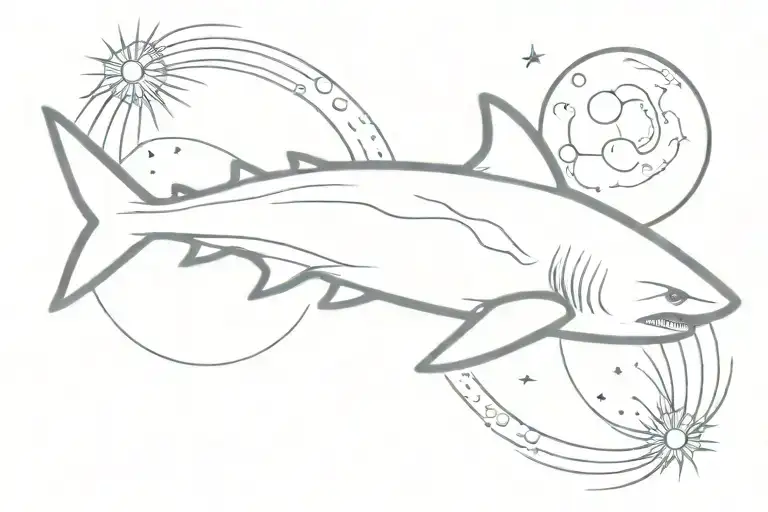 bull shark swimming around the sun, tail wrapped tattoo design idea