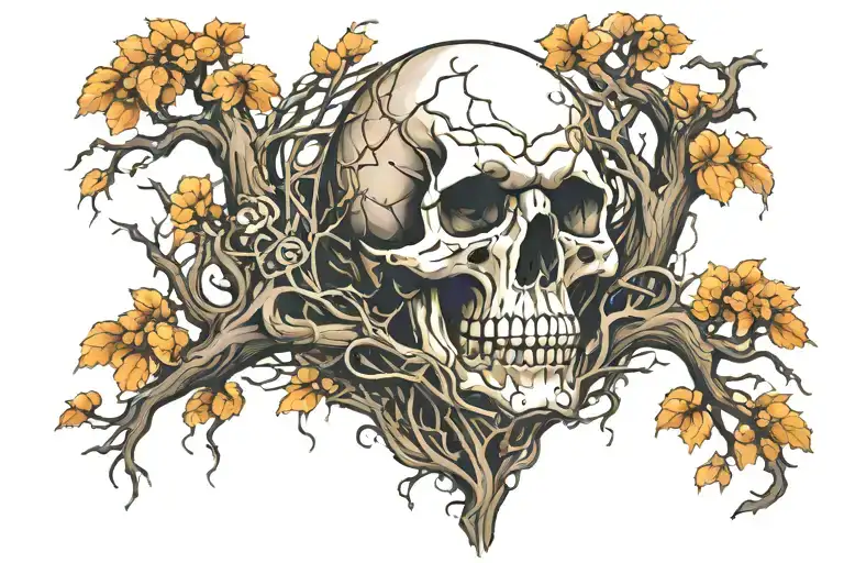 skull and tree of life intertwined within tattoo design idea