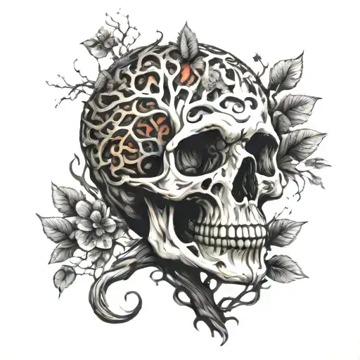 feminine skull and tree of life intertwined within tattoo design idea
