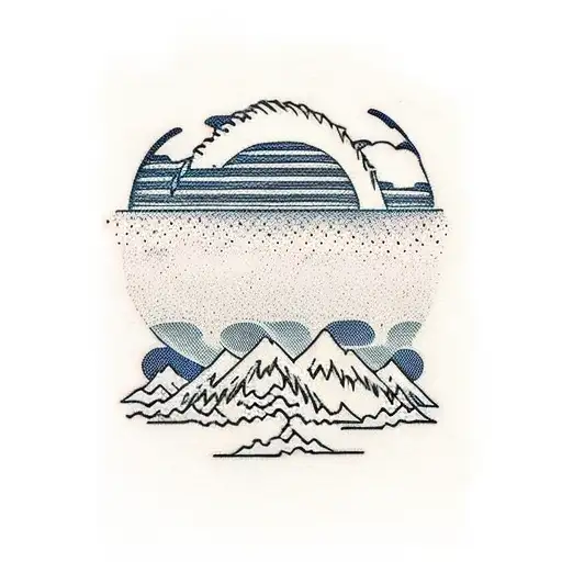tsunami wave with palm trees and mountain in the background  tattoo design idea