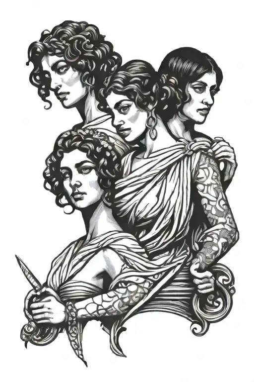 three greek women bust holding scissors  tattoo design idea