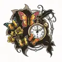cross, butterfies and  clock face tattoo design idea