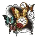 cross, butterfies and  clock face tattoo design idea