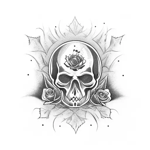 A horror movie scene with a sinister skull and a beautiful flower in the foreground tattoo design idea