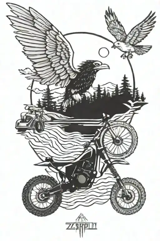 Nature scene featuring led zeppelin 4 and a dirtbike  tattoo design idea