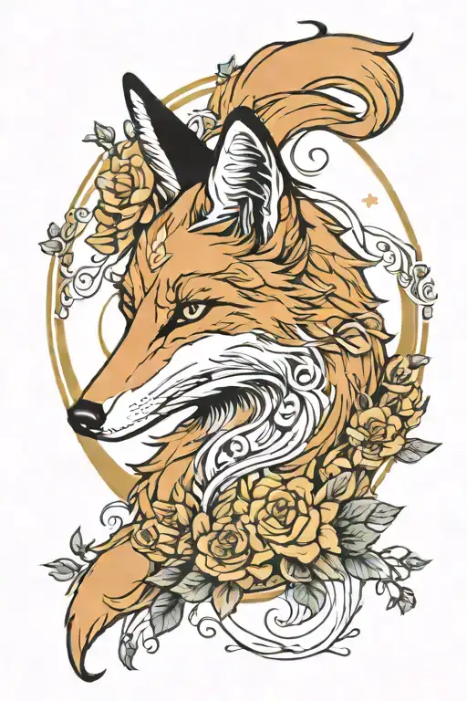 spirit fox looking at a first phase moon with flowers and gold  tattoo design idea