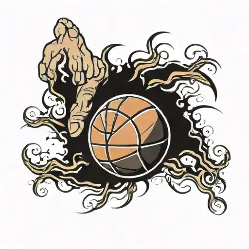 a basketball with hand holding or reaching towards the heavens tattoo design idea