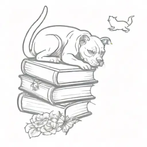 A stack of books with a pitbull and a cat sitting on top and butterflies in the background  tattoo design idea