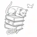A stack of books with a pitbull and a cat sitting on top and butterflies in the background  tattoo design idea