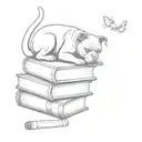 A stack of books with a pitbull and a cat sitting on top and butterflies in the background  tattoo design idea
