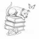 A stack of books with a pitbull and a cat sitting on top and butterflies in the background  tattoo design idea