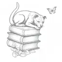 A stack of books with a pitbull and a cat sitting on top and butterflies in the background  tattoo design idea