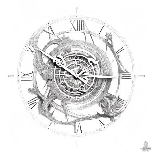 A clock mechanism intertwined with Greek mythology symbols tattoo design idea