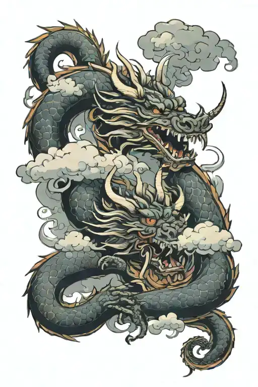 Demon, dragon, clouds, smoke, fight tattoo design idea