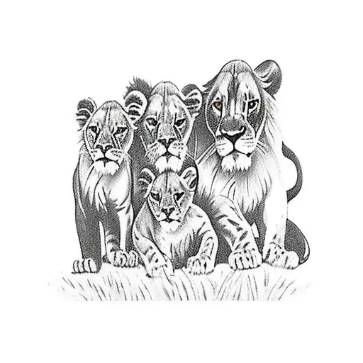 3 lion cubs with mom and dad watching over tattoo design idea