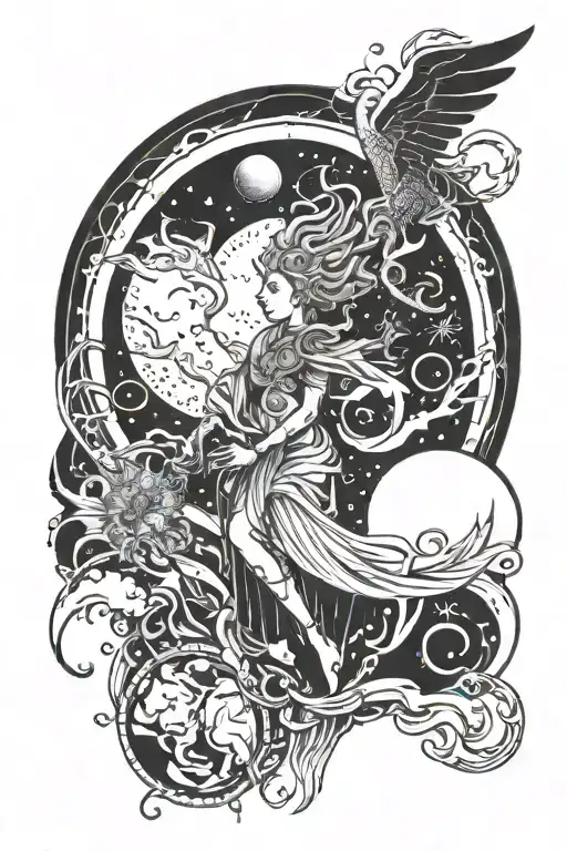New School Astral travel tattoo depicting a celestial being guiding the client through different worlds, tattoo design idea