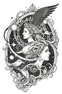 New School Astral travel tattoo depicting a celestial being guiding the client through different worlds, tattoo design idea