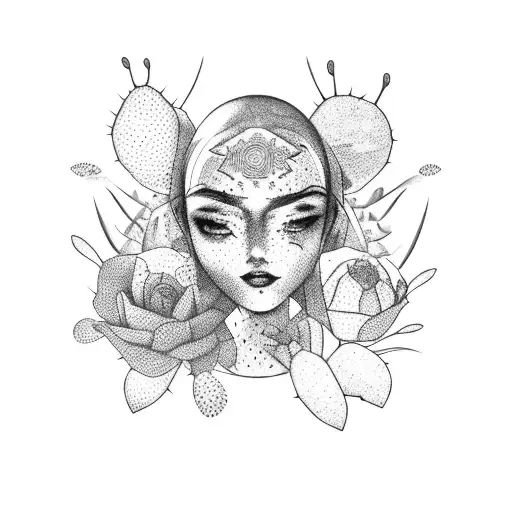 Female body with cactus face tattoo design idea