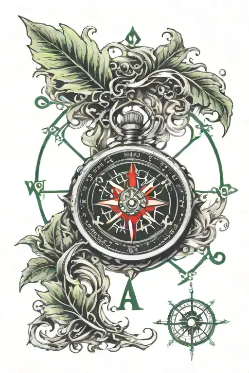 MKDved, Virgo, compass, cross, classic sports style, black red, green tattoo design idea