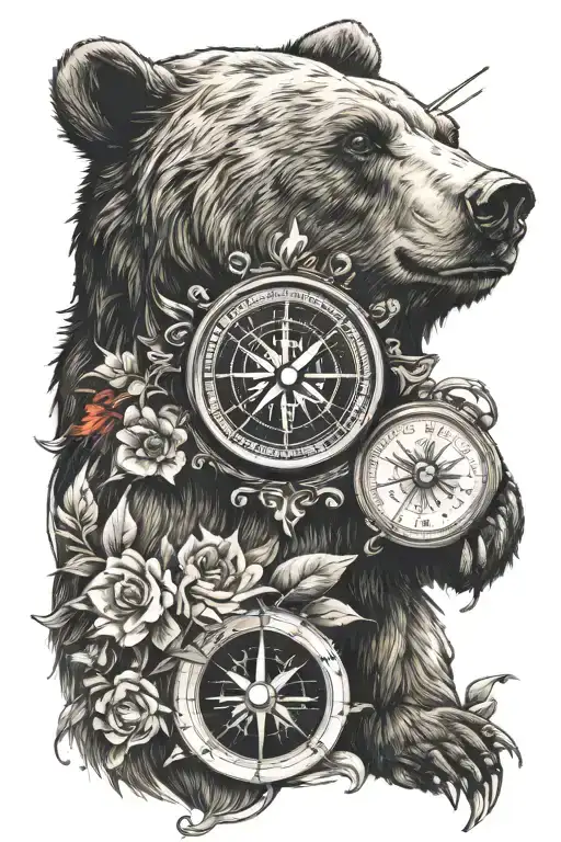 bear, maiden, compass, cross, classic sport style, black red green color tattoo design idea