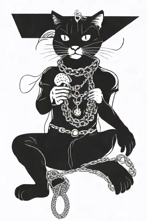 1. Black 2. Sports style of clothing and minimalism 3. Chains, rings, black, earrings 4. Pleasing to the body 5. Cat tattoo design idea