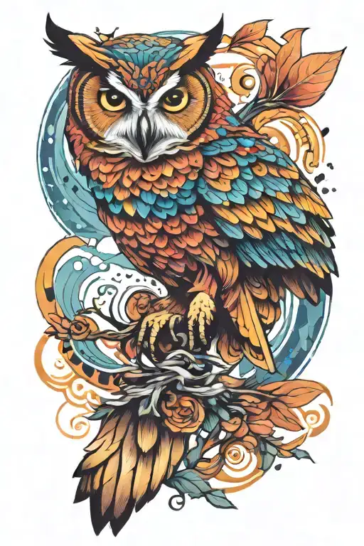 colorful owl flying tattoo design idea