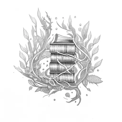 An intricate bookshelf tattoo with nature elements intertwined tattoo design idea
