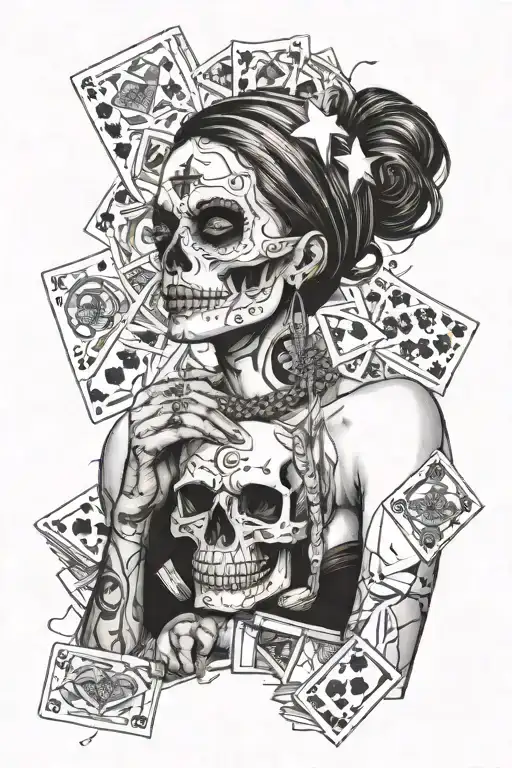Woman with skull face, surrounded by money, gambling, playing cards, dice, wearing a cross necklace  tattoo design idea