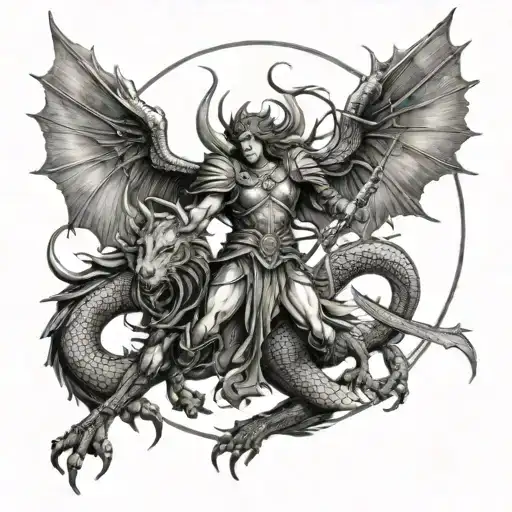 Archangel Michael battling a dragon in a celestial setting tattoo design idea